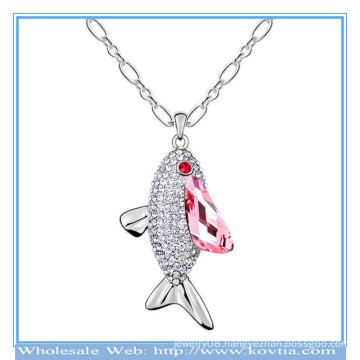 Girls festival accessory sliver fish pendant necklace platinum chains necklace with pink crystal